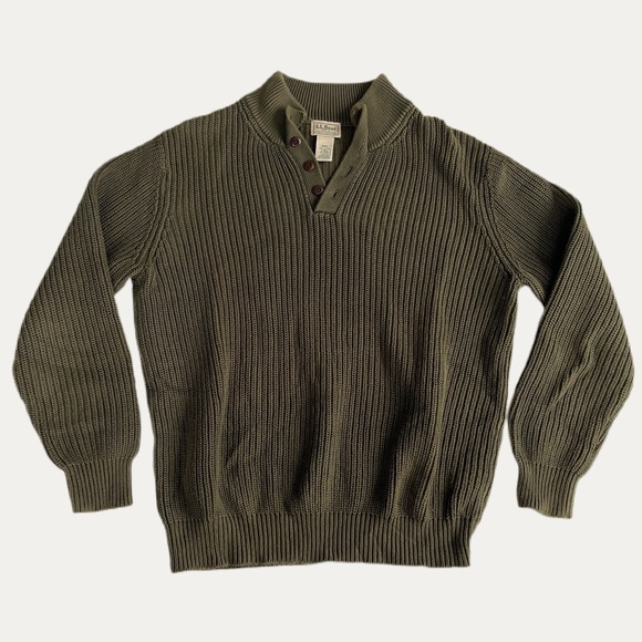 Vintage Sweaters - •Henley Sweater Vintage LL Bean Chunky Knit Olive Green Ribbed Knit Cotton